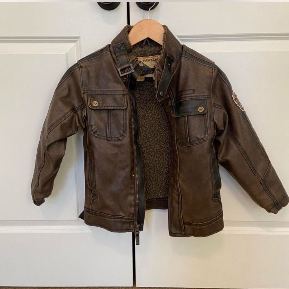 Hawke and Co Kids Faux Leather Bomber Jacket Aviator Pilot Jacket 5/6 years